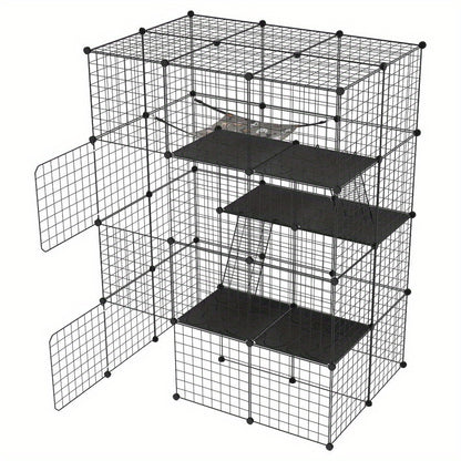 Schwarzes Metallgitter für Zäune im Freien für Kaninchen, mit Tür und geeignet für kleine Tiere wie Meerschweinchen und Welpen, Abmessungen 146X110X74 cm (4 Säulen und 3 Ebenen)
