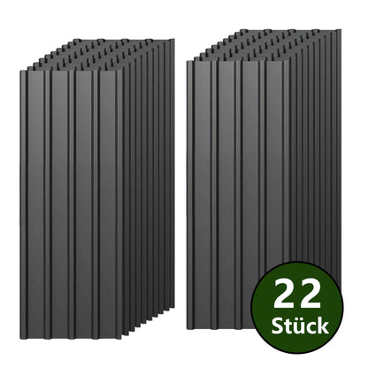 Verzinkte hochbelastbare Stahlwellbleche – 22 schwarze Trapezdachplatten (108x42,6cm, 0,25mm, 10,12m²), komplett mit Schrauben und Nägeln. Einfache Installation, vorübergehend abnehmbar für Außenkonstruktionen/Schuppen/Zäune/Wandverkleidungen.