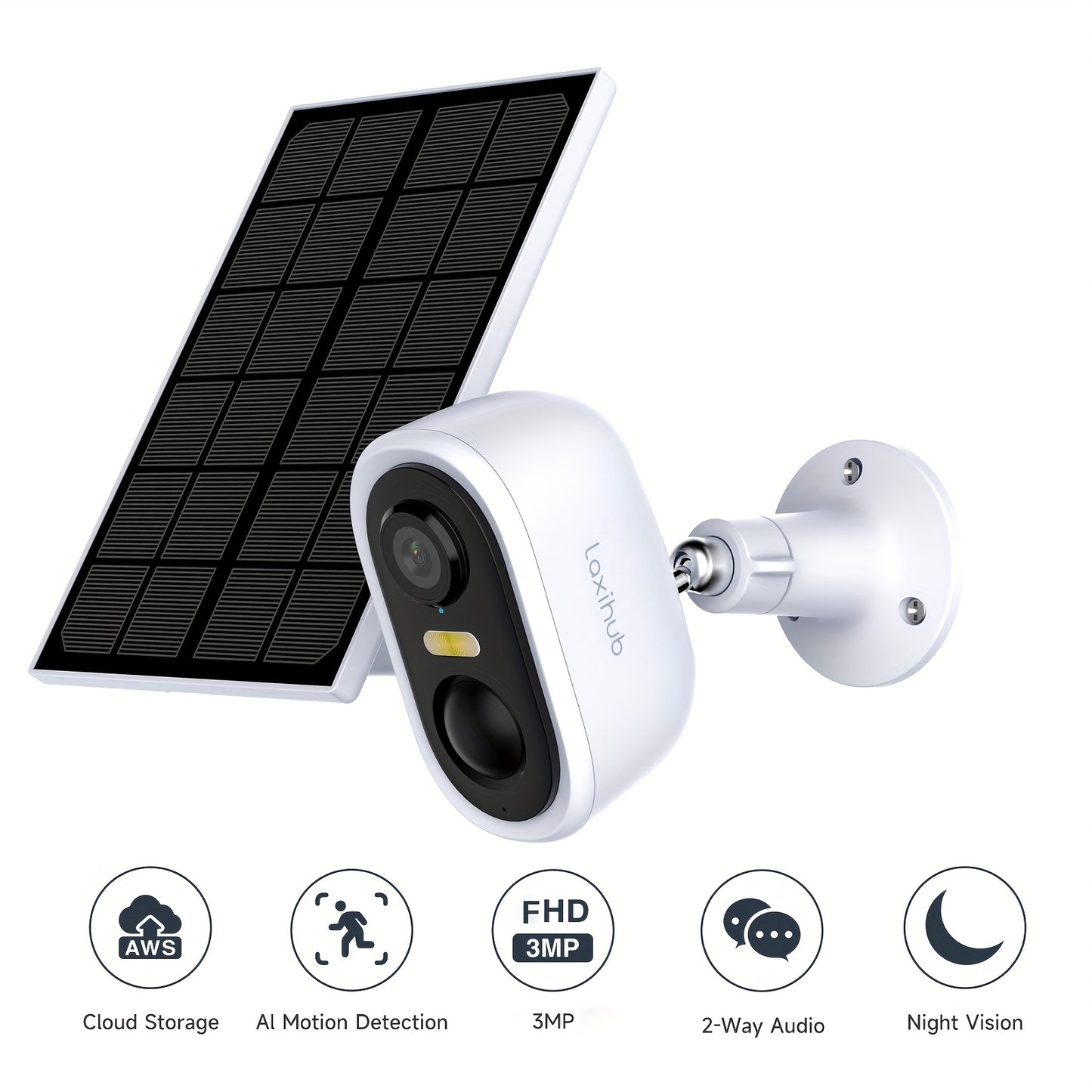 LaxiHub Kabellose Solar Überwachungskamera für Außenbereich, 3MP FHD Nachtsicht, Scheinwerfer, Kabellose 5200mAh Batterie, PIR Personenerkennung, 2-Wege-Audio, SD-Karte/Cloud-Speicher, Farb-Nachtsicht-Kamera, WiFi Sicherheitskamera für Zuhause Funktionier