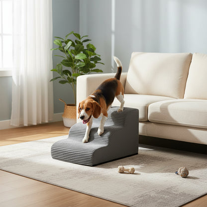 2/3/4 Stufen Hundetreppe/Haustiertreppe/Sofabett-Rampe,stufig-Haustiertreppe, Cord Querstreifen, rutschfest, abnehmbarer waschbarer Bezug, ist die geringe Steigung freundlich für kleine, ältere, verletzte oder kurzbeinige Haustiere, Taubengrau