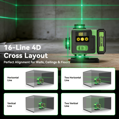 1 Set 16 Linien Laser Waterwaage 360 Automatisches Nivellieren, 4X360° Grüne Kreuzlinien Laser Waterwaage Werkzeug für Bau und Bilder Aufhängen, 4D Laser Waterwaage mit 2 Wiederaufladbaren Batterien