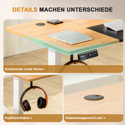 Höhenverstellbarer Schreibtisch mit USB-Buchse und Haken, Elektrisch Verstellbarer Computertisch, Steh-Sitztisch Stehpult Stehschreibtisch
