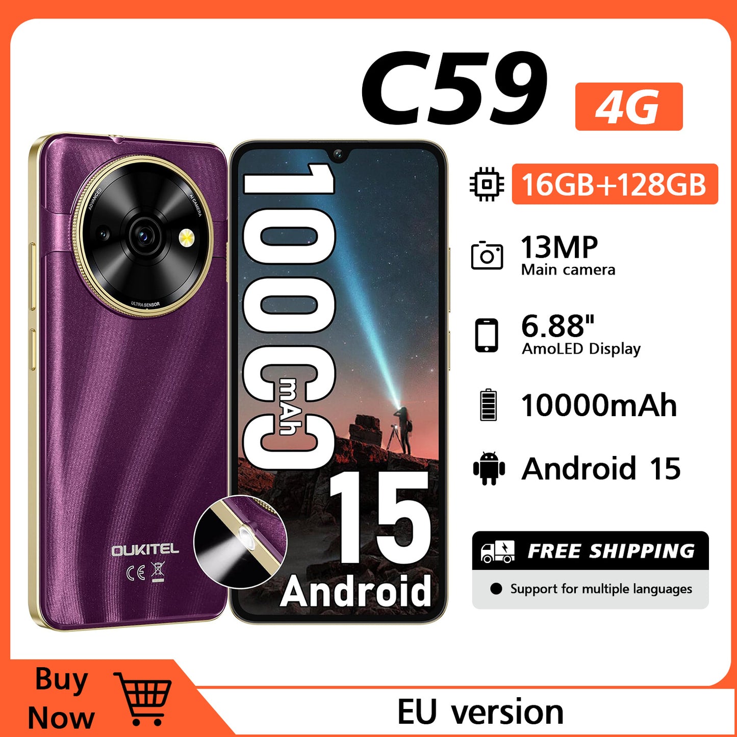 OUKITEL C59 Android Handy, 10000mAh Akku-Smartphone, 6.88" HD+ Entsperrter Mobiltelefon mit 120LM, 16GB(4+12)+128GB/TF 1TB Entsperrter Mobiltelefon, 13MP Kamera, 4G Dual-SIM/Face ID/Fingerabdruck/GPS/Naht