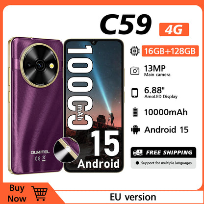 OUKITEL C59 Android Handy, 10000mAh Akku-Smartphone, 6.88" HD+ Entsperrter Mobiltelefon mit 120LM, 16GB(4+12)+128GB/TF 1TB Entsperrter Mobiltelefon, 13MP Kamera, 4G Dual-SIM/Face ID/Fingerabdruck/GPS/Naht