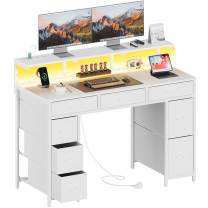 Gaming-Schreibtisch mit 8 Stoffschubladen, Monitorständer mit LED-Beleuchtung, europäische Steckdosenleiste (2 AC/2 USB), Holzplatte, verstellbare Füße für Homeoffice/Gaming-Zimmer