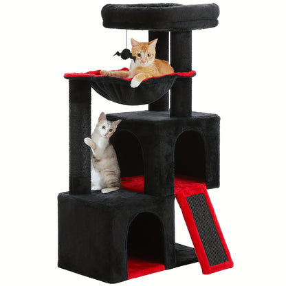 PAWZ ROAD Kratzbaum für Hauskatzen 104cm mit 2 Geräumigen Höhlen, Katzenhaus mit Bequemer Hängematte, Gepolsterter Sitzstange und Abnehmbarem Spielball