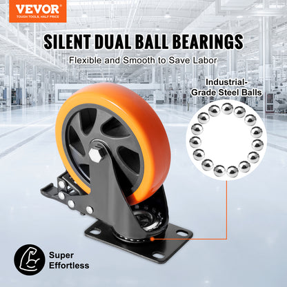VEVOR Rollen, 5-Zoll Drehbare Plattenrollen, Set von 4, mit Sicherheits A/B Verriegelung Geräuschlose PVC-Rollen, Hochbelastbarkeit von 450 lbs pro Rolle, Nicht Markierende Rollen für Wagen, Möbel und Werkbank