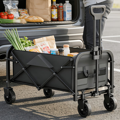 Hochbelastbarer klappbarer Handwagen, Camping-Handwagen, Lastentransport-Handwagen, aus robustem Metall, mit einer maximalen Tragfähigkeit von 100 kg, schnell zusammenklappbares Design, ausgestattet mit abnehmbaren Rädern, geeignet für Camping im Freien