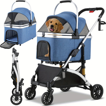Hundekinderwagen, faltbarer Haustierwagen, 3-in-1 Hund Katze Kinderwagen mit Aufbewahrungskorb Netzfenster Getränkehalter, 360° verschleißfeste Gummiräder Hund Reisegefährt, für kleine Hunde und Katzen