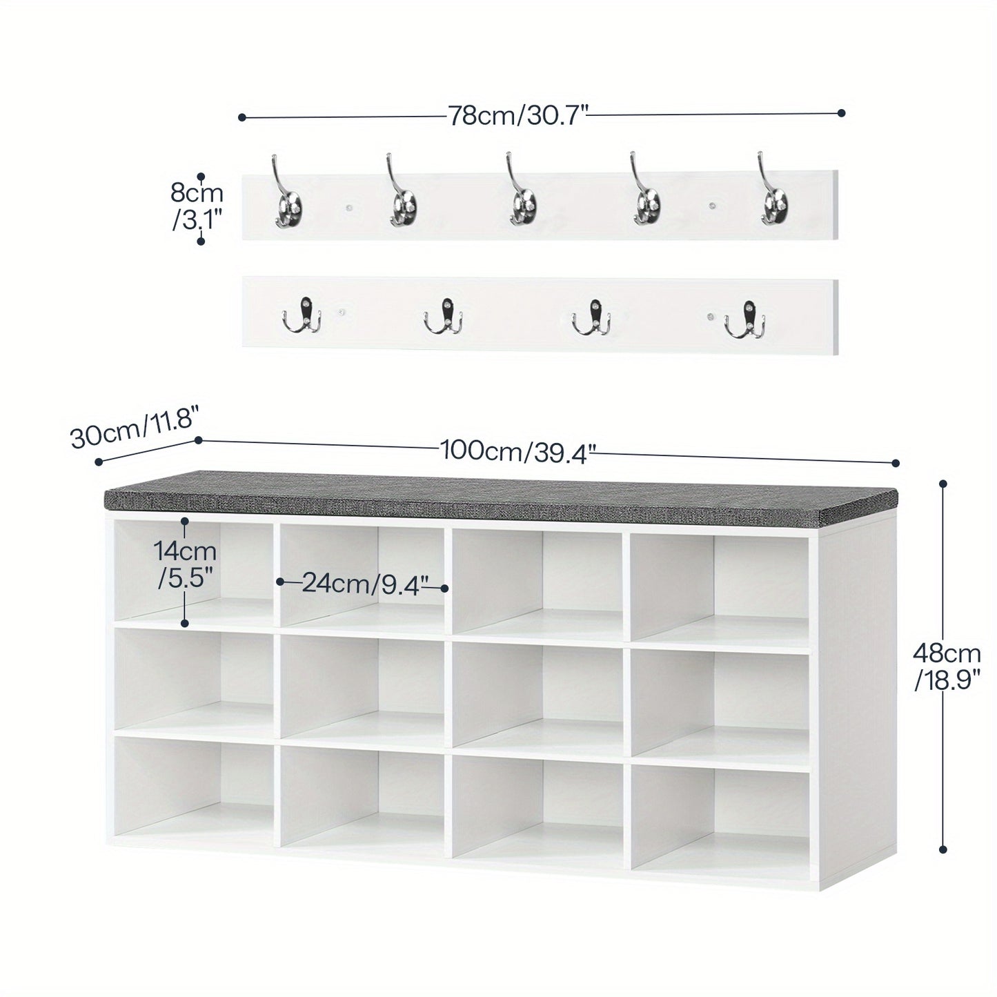 Schuhschrank Set, Schuhbank mit 12 Fächern, Schuhregal mit gepolsterter Bank, Wand-Schrank mit 9 Haken, Schuhschrank für Flur, Eingangsbereich, Schlafzimmer