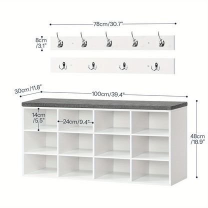 Schuhschrank Set, Schuhbank mit 12 Fächern, Schuhregal mit gepolsterter Bank, Wand-Schrank mit 9 Haken, Schuhschrank für Flur, Eingangsbereich, Schlafzimmer