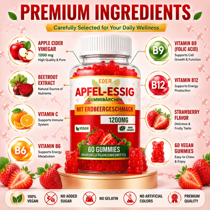 Apfelessig-Gummibärchen 1200 mg, Erdbeergeschmack, mit Vitamin C, Vitamin B6, Vitamin B9 & Vitamin B12, Rote-Bete-Extrakt, 60 vegane Gummibärchen, pflanzliches kaubares Tagespräparat für Männer & Frauen