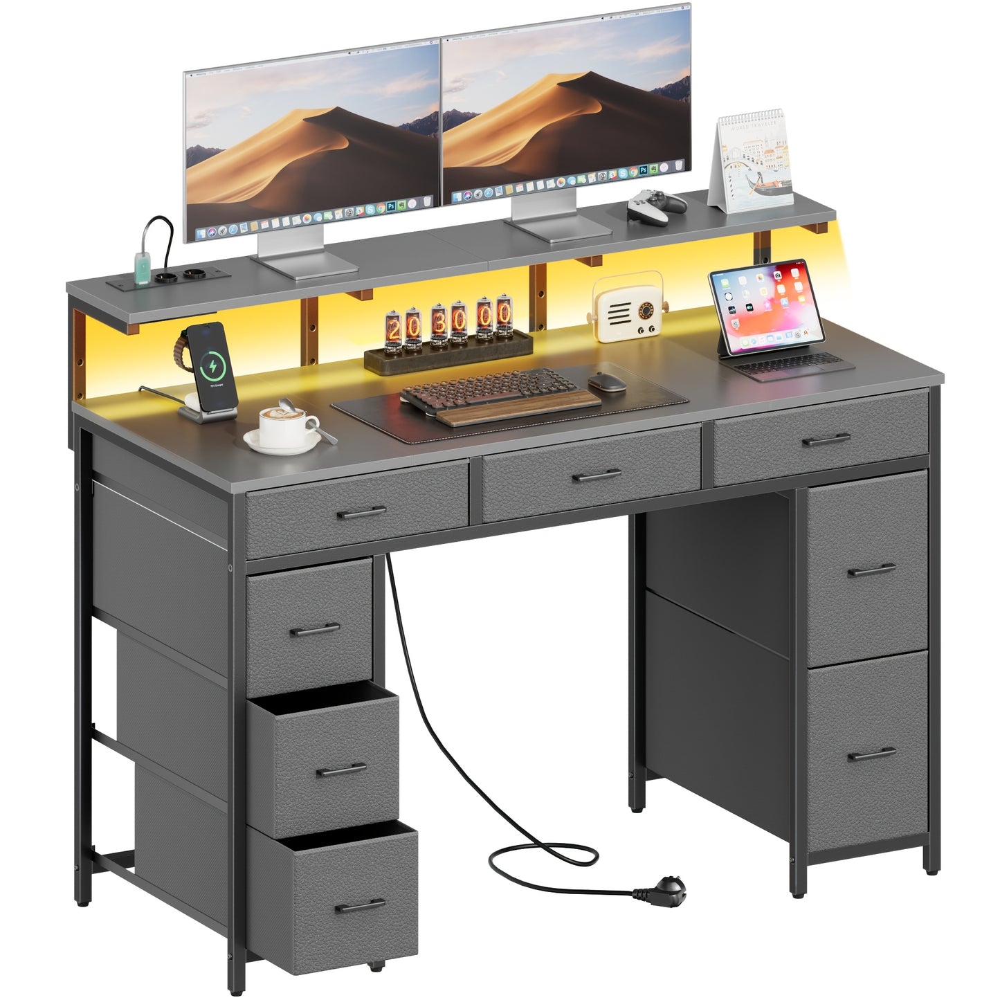 Gaming-Schreibtisch mit 8 Stoffschubladen, Monitorständer mit LED-Beleuchtung, europäische Steckdosenleiste (2 AC/2 USB), Holzplatte, verstellbare Füße für Homeoffice/Gaming-Zimmer