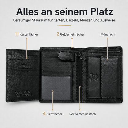 Herren Portemonnaie aus Echtleder mit RFID Schutz, 11 Kartenfächer, Sicher & Kompakt für Alltag, Büro und Reise