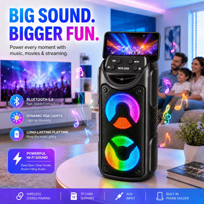 Tragbarer kabelloser PA Party-Lautsprecher mit zwei 3-Zoll-Woofern, kraftvoller tiefen Bass, FM-Radio, LED-Umgebungslichtern & eingebautem Mikrofon, Outdoor-Lautsprecher mit hohem Lautstärke für Sommerpartys, Garten-Grills, Camping, Strandtrips und Home E