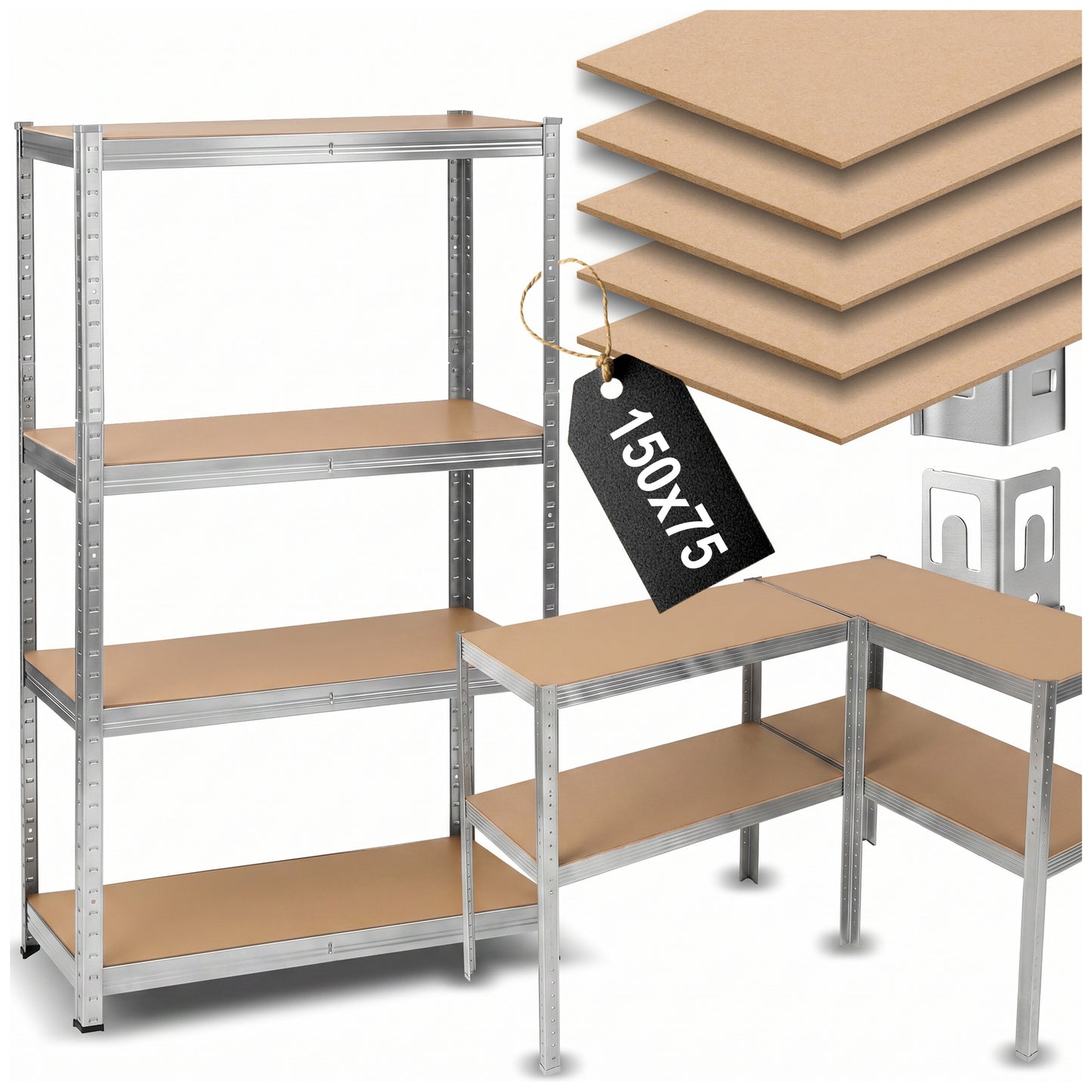 Metall-Lagerregal 150x75x30 cm – Stabiles und langlebiges Garagenregal mit einer Tragfähigkeit von bis zu 500 kg. Perfekt für den Keller, die Werkstatt, das Lager, den Heizungsraum oder die Speisekammer. Hergestellt aus robustem Stahl und MDF-Platten, ver