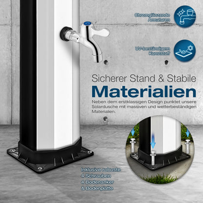 tillvex® Solardusche 20 - 60 Liter inkl. Abdeckung Solar Gartendusche Solar für draußen Pooldusche Komplettset warmes Wasser Camping ohne Stromanschluss mit Wasserhahn Gartenschlauch-Anschluss