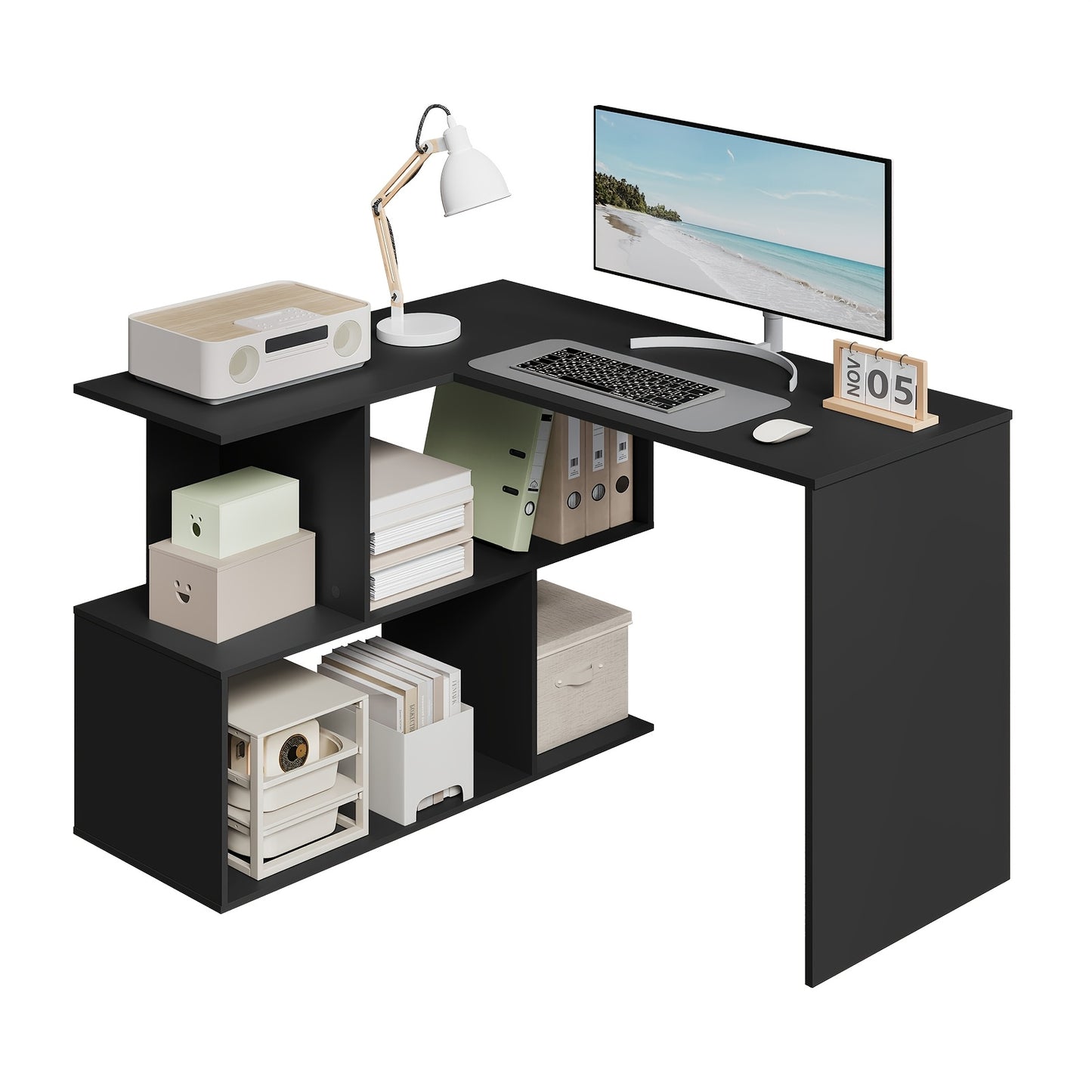 Kompakter Ecktisch mit Stauraum, 120 x 100 cm, Weißes Holz-Büroarbeitspult für PC & Laptop, moderner minimalistischer Design mit Regalen und Fächern – ideal für Zuhause oder kleine Räume