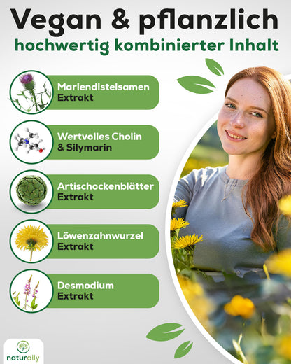 Leber Komplex Kapseln [125 Stück] von naturally - Mariendistel Kapseln mit Artischocken, Löwenzahn, Cholin, Desmodium, vegan