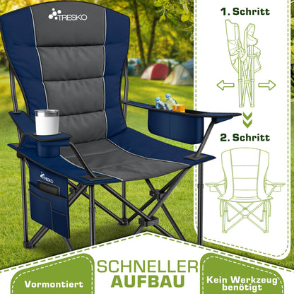 TRESKO® Campingstuhl Faltbar bis 200kg | Faltstuhl mit Kühltasche, Getränkehalter & Seitentasche | Klappstuhl XXL inkl. Tragetasche | Angelstuhl gepolstert für Outdoor, Angeln, Festival & Garten