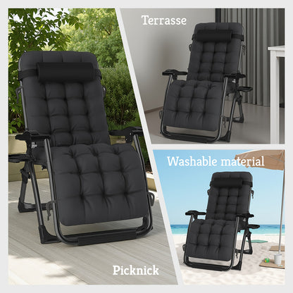 Übergroßer Schwerkraftloser Liegestuhl, 72 cm extra breit, klappbarer & verstellbarer Liegesessel, Tragkraft 500 lbs/200 kg, abnehmbares weiches Baumwollkissen mit Kopfstütze, Getränkehalter, Schwarz-Grau, für Garten, Terrasse, Balkon, Außenbereich