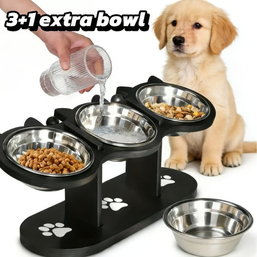 Erhöhtes Katzenfutternapf-Set mit 4 Edelstahlschalen - 15° geneigte Edelstahl-Katzenschale, höhenverstellbar mit schwarzem Ständer, ideales Geschenk für Tierbesitzer