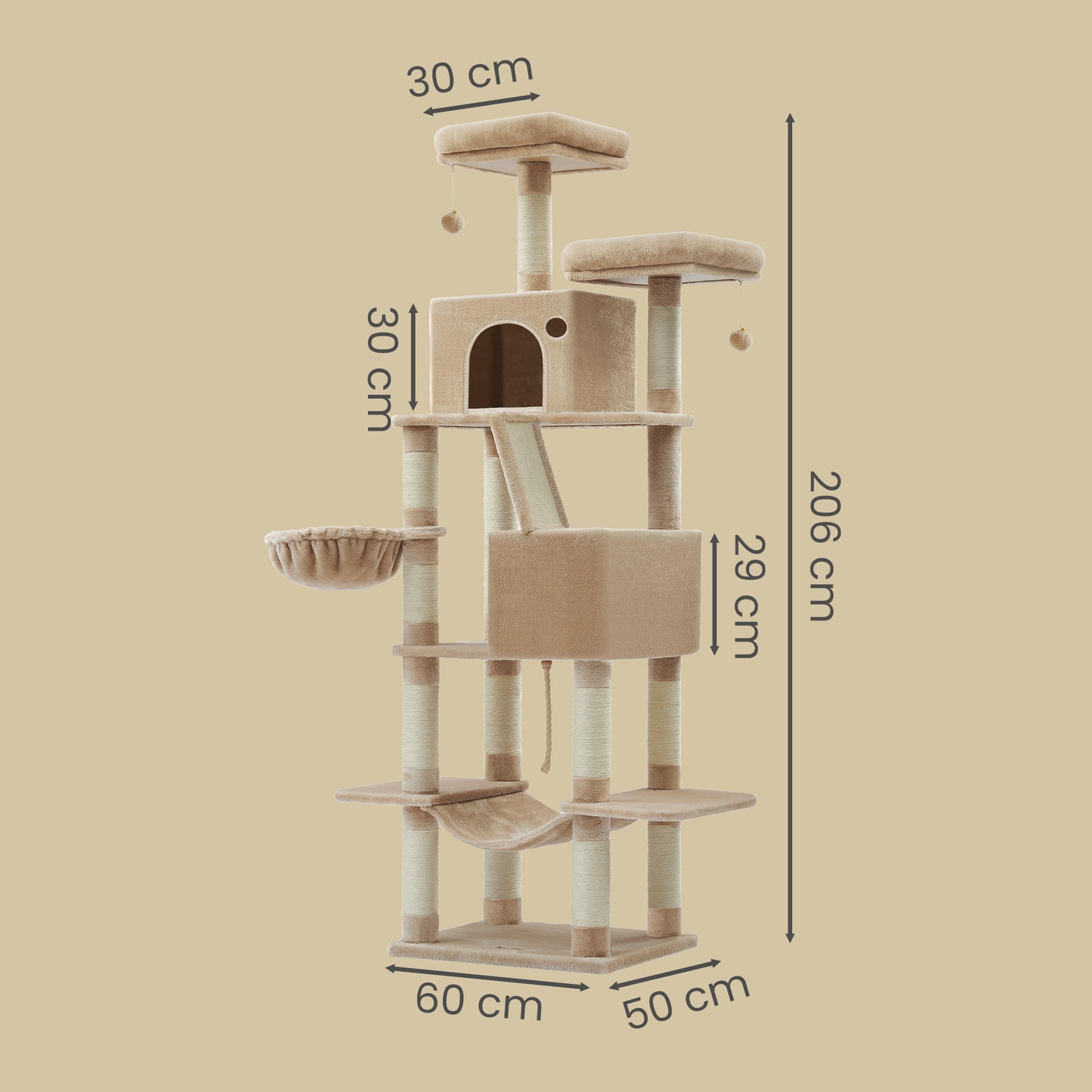 XXL Katzenklettergerüst 206 cm hoch einem Kippschutz, Kratzbaum Katzenbaum mit 13 Kratzsäulen, 2 Plattformen, 2 Höhlen, Korb, Hängematte, Plüschbälle,Stabiles Und Langlebiges ,Einfache Montage,für Wohnungskatzen die gerne klettern und hoch hinaus wollen