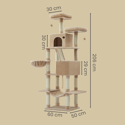 XXL Katzenklettergerüst 206 cm hoch einem Kippschutz, Kratzbaum Katzenbaum mit 13 Kratzsäulen, 2 Plattformen, 2 Höhlen, Korb, Hängematte, Plüschbälle,Stabiles Und Langlebiges ,Einfache Montage,für Wohnungskatzen die gerne klettern und hoch hinaus wollen