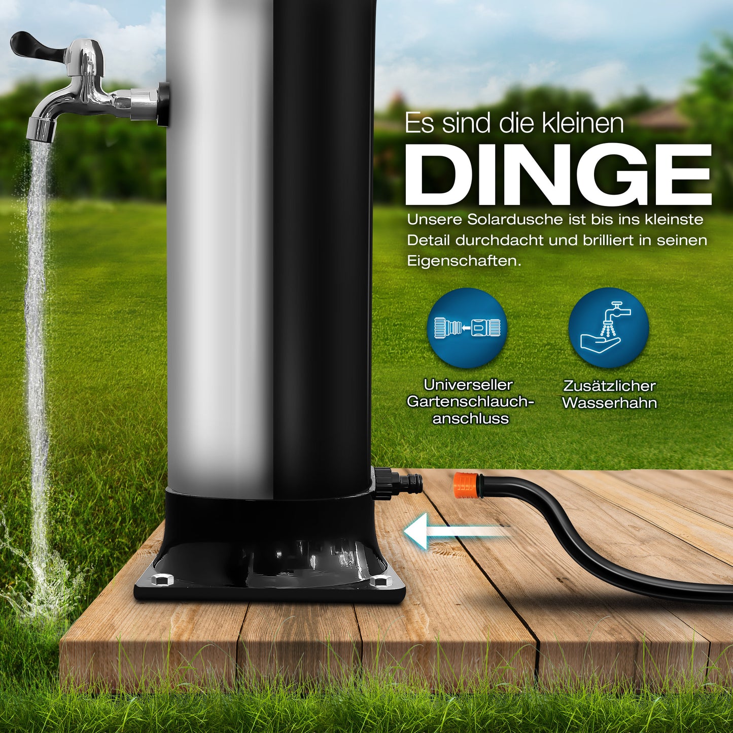 tillvex® Solardusche 20 - 60 Liter inkl. Abdeckung Solar Gartendusche Solar für draußen Pooldusche Komplettset warmes Wasser Camping ohne Stromanschluss mit Wasserhahn Gartenschlauch-Anschluss