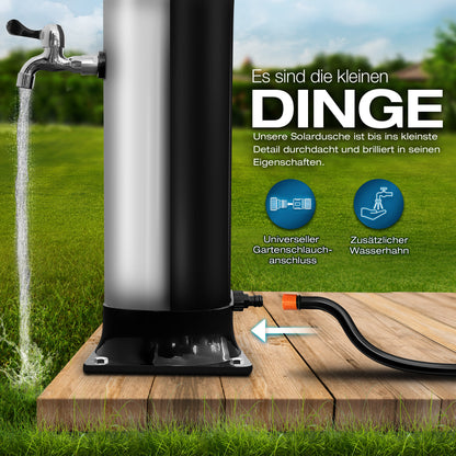 tillvex® Solardusche 20 - 60 Liter inkl. Abdeckung Solar Gartendusche Solar für draußen Pooldusche Komplettset warmes Wasser Camping ohne Stromanschluss mit Wasserhahn Gartenschlauch-Anschluss
