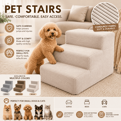 Haustiertreppe für Hunde und Katzen – 3 Stufen, weicher Kordstoff, rutschfeste Unterseite, abnehmbarer Bezug, Rampe, Plattform