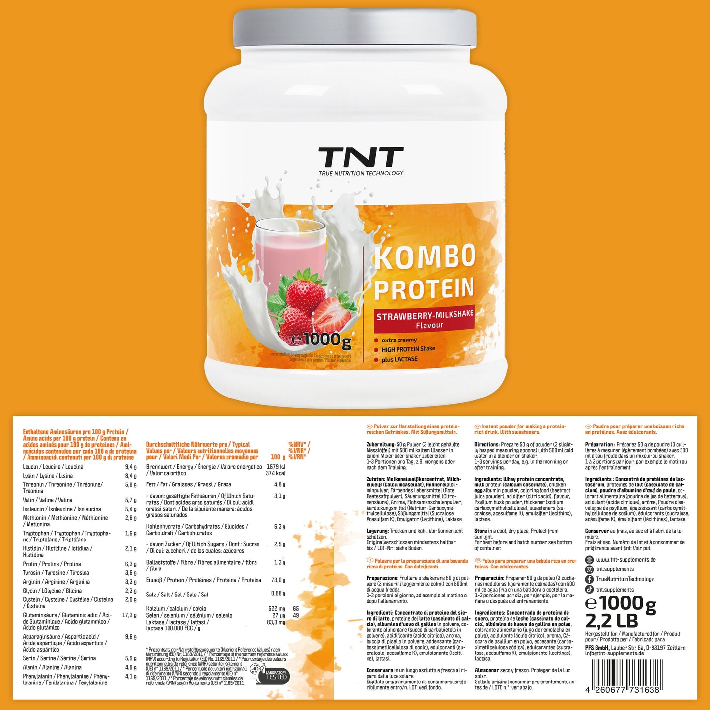 TNT Kombo Protein (1000g) • Protein Pulver mit 3 Eiweiß-Quellen • Extra cremig • Laktase und Flohsamenschalenpulver