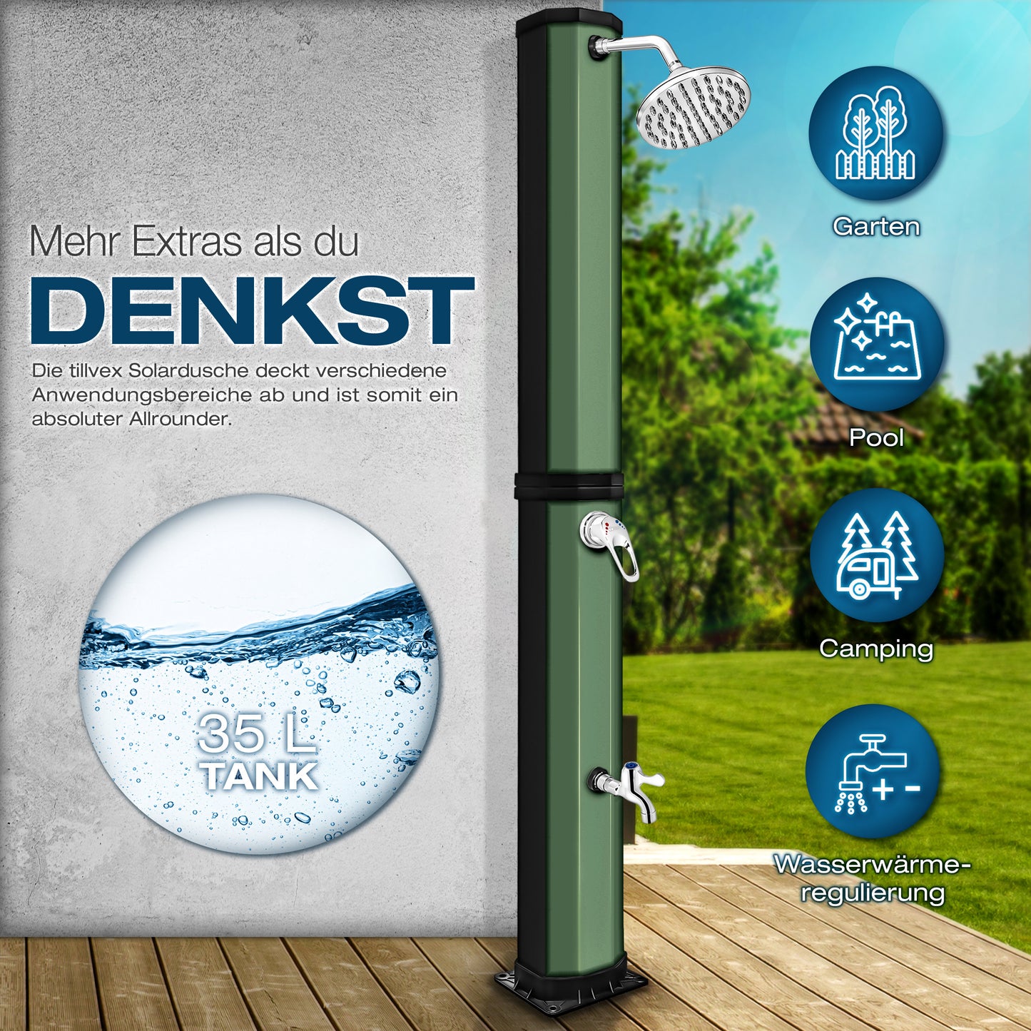 tillvex® Solardusche 20 - 60 Liter inkl. Abdeckung Solar Gartendusche Solar für draußen Pooldusche Komplettset warmes Wasser Camping ohne Stromanschluss mit Wasserhahn Gartenschlauch-Anschluss