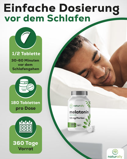 naturally Melatonin Tabletten [180 vegane Mini-Tabletten] – 0,5mg Melatonin pro Tagesdosisert, laborgeprüft, ohne Zusatzstoffe