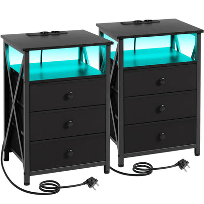 AMHANCIBLE Nachttisch-Set 1/2-tlg., LED-Nachttisch mit Ladestation, Beistelltisch mit USB-Anschluss  Steckdose, Nachttisch mit 3 Stoffschubladen für Schlafzimmer, Wohnzimmer, Sofabezugstisch, Nachttisch