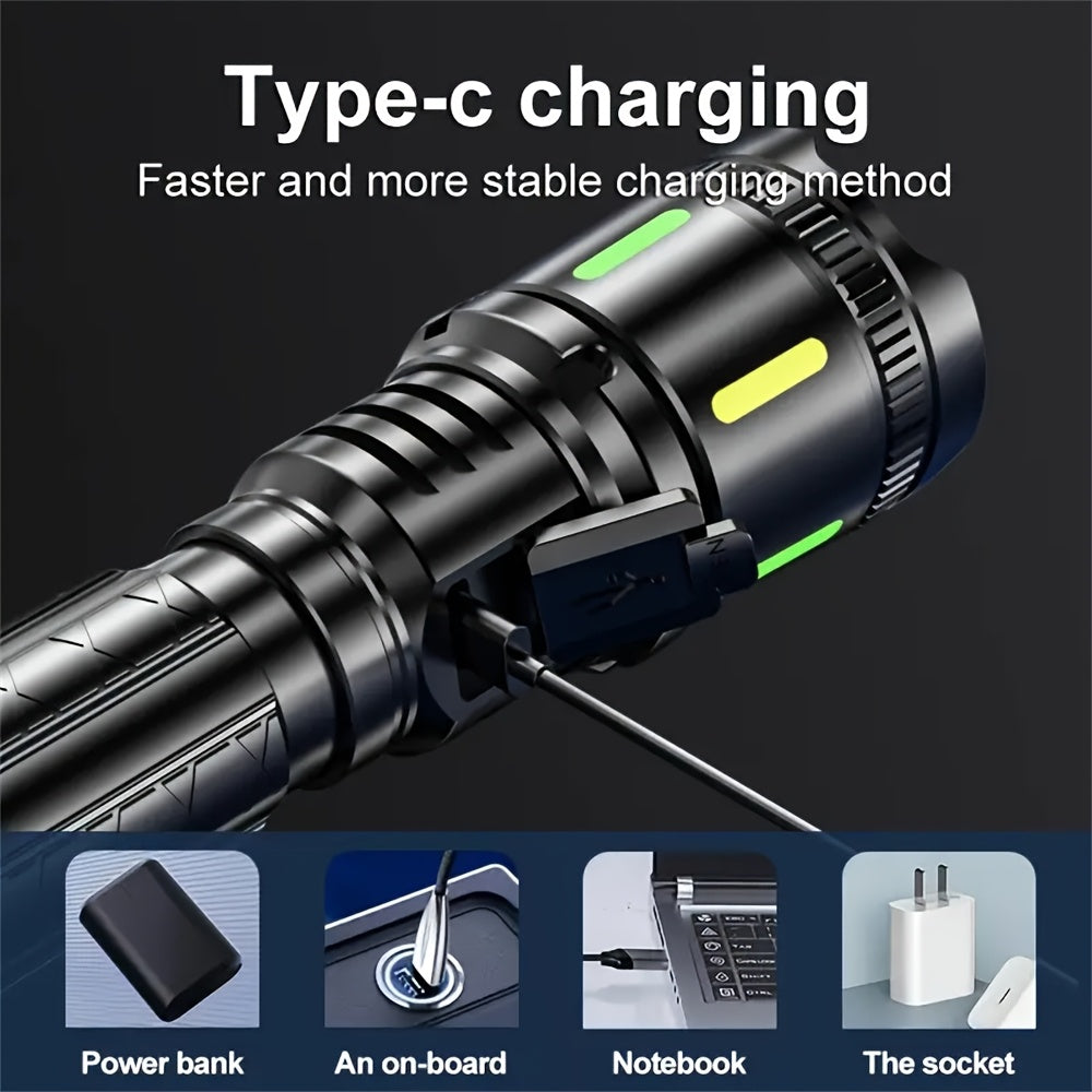 1 Stk. Leistungsstarke Wiederaufladbare Taschenlampe, Hohe Lumen, 4 Beleuchtungsmodi, LED Zoom-Taschenlampe, Handheld-Notfall-Taschenlampe aus Aluminiumlegierung mit Elektronischer Anzeige, Für Geschäftsnotfälle, Angeln, Camping, Erkundung, Jagd, Wandern