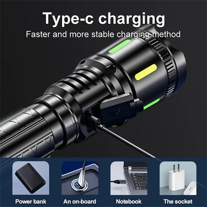 1 Stk. Leistungsstarke Wiederaufladbare Taschenlampe, Hohe Lumen, 4 Beleuchtungsmodi, LED Zoom-Taschenlampe, Handheld-Notfall-Taschenlampe aus Aluminiumlegierung mit Elektronischer Anzeige, Für Geschäftsnotfälle, Angeln, Camping, Erkundung, Jagd, Wandern