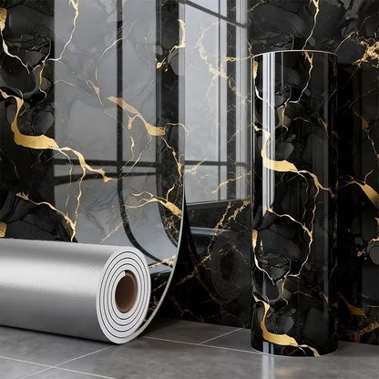 1 Rolle Extra Dicke 2,5 mm Marmor Boden- und Wandaufkleber - Abzieh- und Klett-Abnehmbare Selbstklebende Vinylfliesen, Wasserdichtes und Leicht zu Reinigendes Luxus Marmordesign (Schwarz/Weiß/Gold, Grau/Weiß, Beige/Grau) für Badezimmer, Küche, Wohnzimmer