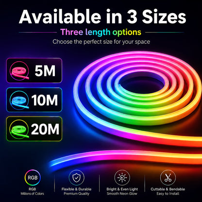 5M/10M/20M RGB Neon Lichtleiste mit Farbeinstellung über App, Fernbedienung, Timer-Einstellung, flexibel und zuschneidbar, und Musik-Rhythmus-Modus, perfekt für Bühnenbeleuchtung, Dekoration, Geschenk