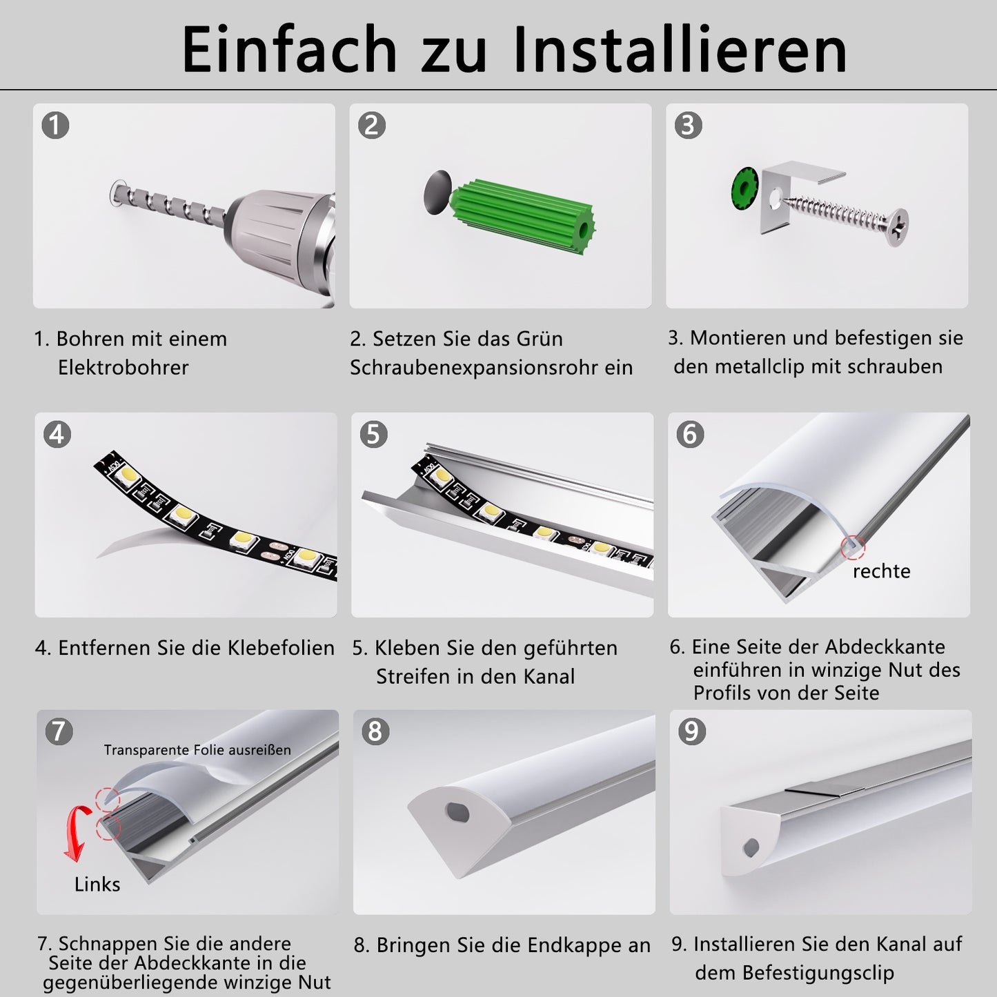 10 Stücke 1m Lichtkanäle aus Aluminiumlegierung, sSchiene Leiste Profile für LED-Lichtstreifen für moderne Häuser und Büros