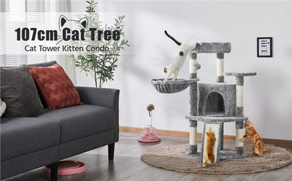 Costoffs 107 cm Kratzbaum mit Aussichtsplattform & Katzenhöhle & 5 Sisalstämme & Liegemulde & Kratzbrett & Hängendem Plüschball Katzenmöbel