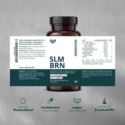 SOLVISAN SLM BRN – Dein natürlicher Boost für deinen Stoffwechsel & Energie mit hochdosiertem Koffein aus grünem Tee, grünem Kaffee, Guarana, Ingwer & Mate – 90 Kapseln (1 Monat)