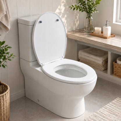 Fällender WC-Sitz mit starken Scharnieren, Universal WC-Sitz mit Soft-Close-System. Universal PP Sitz mit Schnellverschlussfunktion mit einem Knopf. Robuste Sanitär-Scharniere für hängende und stehende WC-Bowlens. WC-Sitz mit Edelstahl Inox Montage. Schne