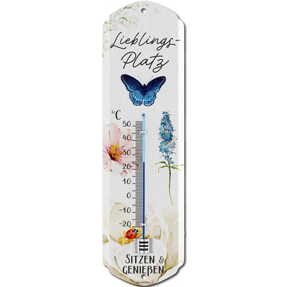LIEBLINGSPLATZ THERMOMETER Schild Garten außen - Deko Garten vintage Schilder - Chill Lounge Gartendeko - Wanddeko Garten Schild aus Metall, Retro Blechschild 8x28cm Classic Edition