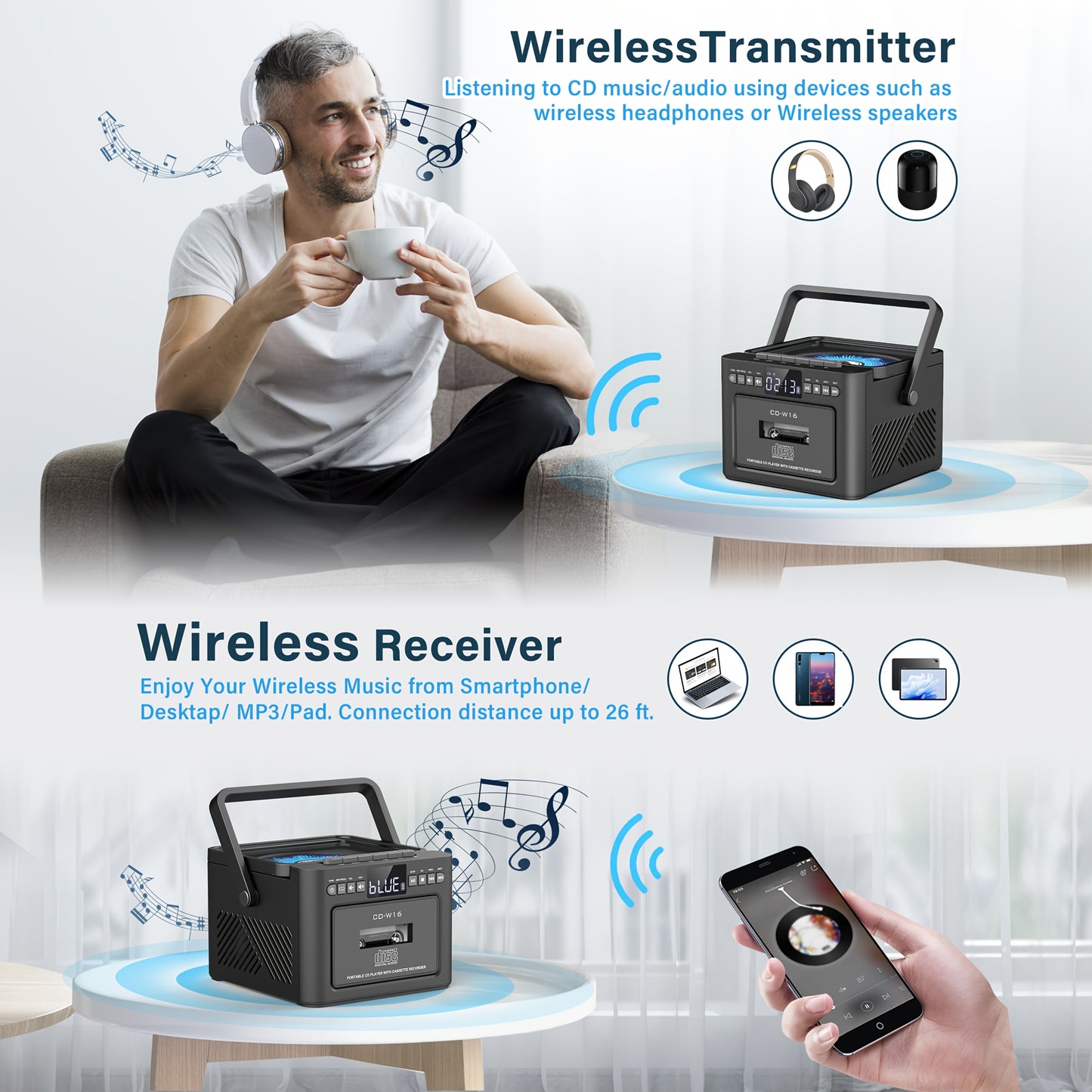 CD-Kassettenspieler-Boombox mit 5000-mAh-Akku, tragbarer CD-Player, 5-W-Dual-Stereo-Lautsprechern, FM-Radio, Fernbedienung, Aufnahmefunktion, 3,5-mm-Kopfhöreranschluss – unterstützt AUX, TF-Karte und USB für Zuhause