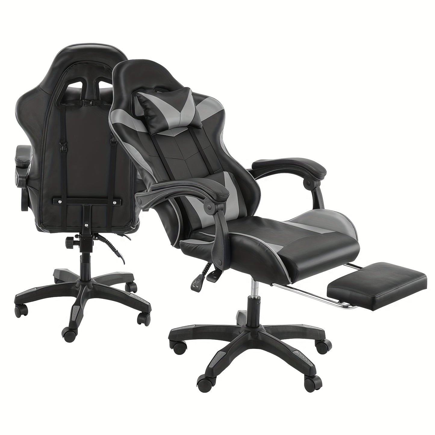 Ergonomischer Gaming-Stuhl mit Fußstütze – Strapazierfähiger höhenverstellbarer Liegestuhl, 3609-Grad-Drehfunktion & Lordosenstütze, manueller Neigemechanismus, Farboptionen Schwarz/Rot/Weiß, kunstlederähnliche Textur, Schaumstoffpolsterung & Edelstahlrah