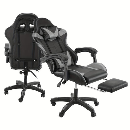 Ergonomischer Gaming-Stuhl mit Fußstütze – Strapazierfähiger höhenverstellbarer Liegestuhl, 3609-Grad-Drehfunktion & Lordosenstütze, manueller Neigemechanismus, Farboptionen Schwarz/Rot/Weiß, kunstlederähnliche Textur, Schaumstoffpolsterung & Edelstahlrah