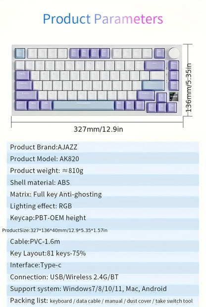 AJAZZ AK820 PRO 75% Konfiguration – Drei-Modus Wireless Mechanische Tastatur – PBT-Tastenkappen – Vollständig Hot-Swappable Gasket-Struktur – RGB-Beleuchtung – Computer-Spiel-/Büro-Tastatur – Metall-Lautstärkeregler + DIY-Farbdisplay, Mini Wireless-Tastat