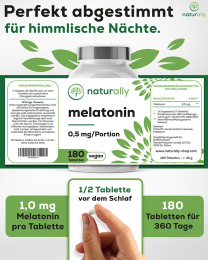 naturally Melatonin Tabletten [180 vegane Mini-Tabletten] – 0,5mg Melatonin pro Tagesdosisert, laborgeprüft, ohne Zusatzstoffe