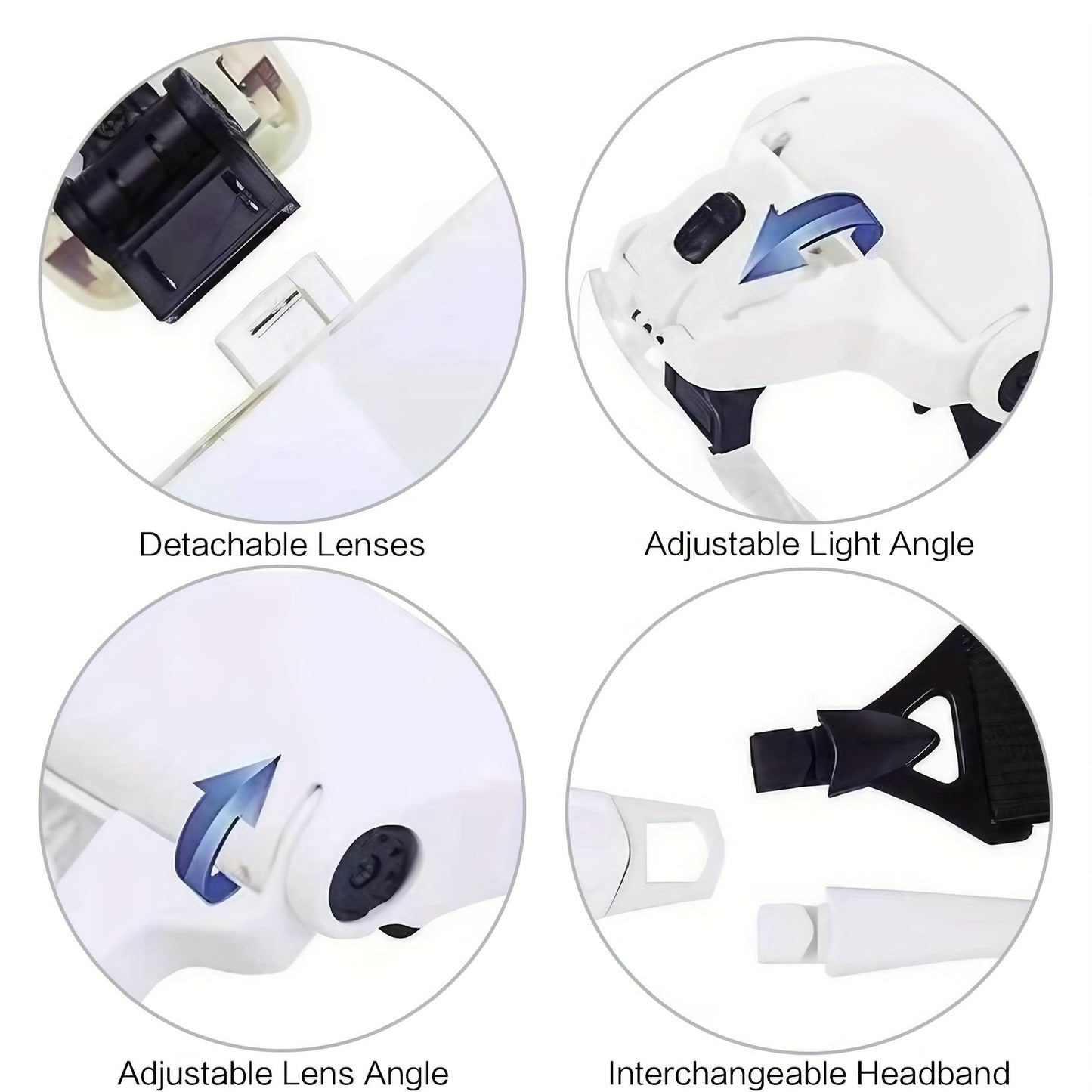 Kopfbefestigte LED-Licht-Lupe + Mini-Klapplupe (2 Stk.) mit austauschbaren Vergrößerungsgläsern 1X, 1.5X, 2X, 2.5X, 3.5X, geeignet für Feinarbeiten im Nahbereich, Lesen, Schnitzen, Malen, Uhrenreparatur, Schweißen (Batterien nicht enthalten)